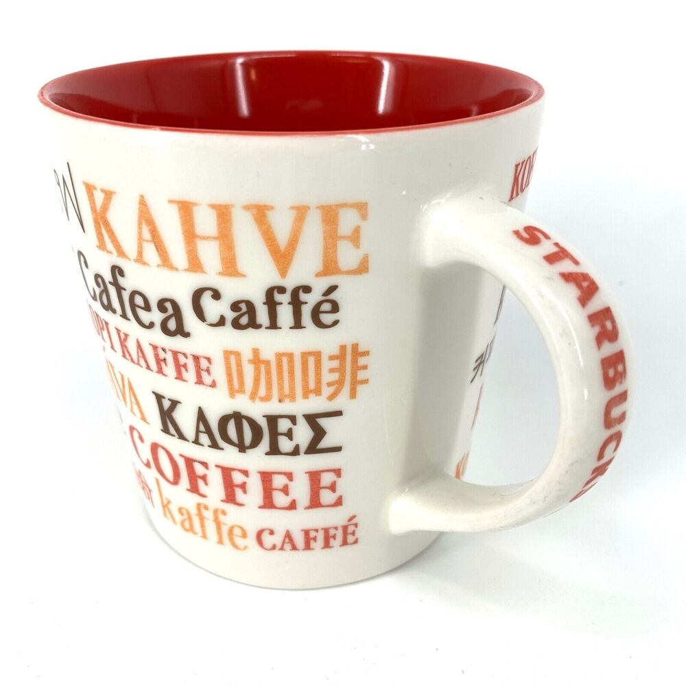Starbucks Coffee Mug 2008 Multi-Lingual Kava Kopi Cafea Kapa 16oz 4" Orange